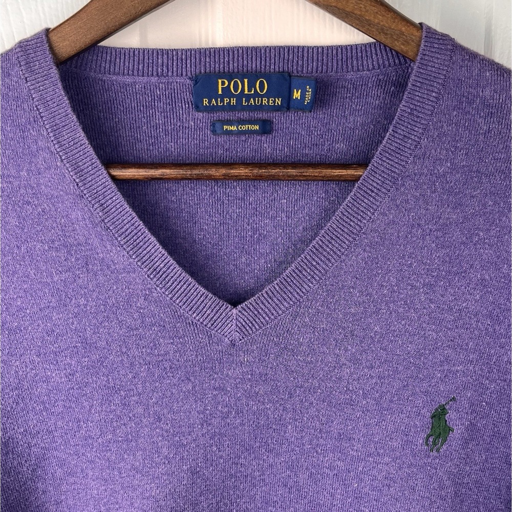 Polo Ralph Lauren Sweater Mens‎ Medium Purple Pima Cotton V-Neck Pullover Pony
